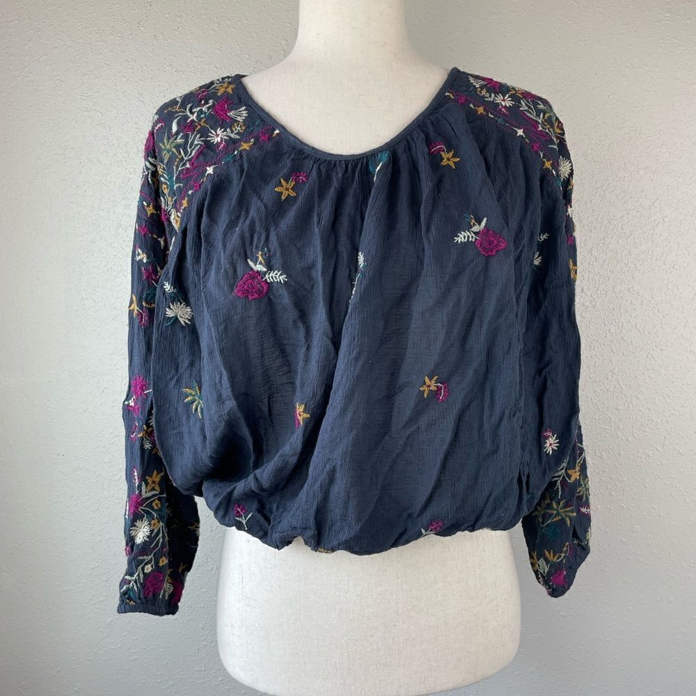 Free People Navy Floral Embroidered Blouse